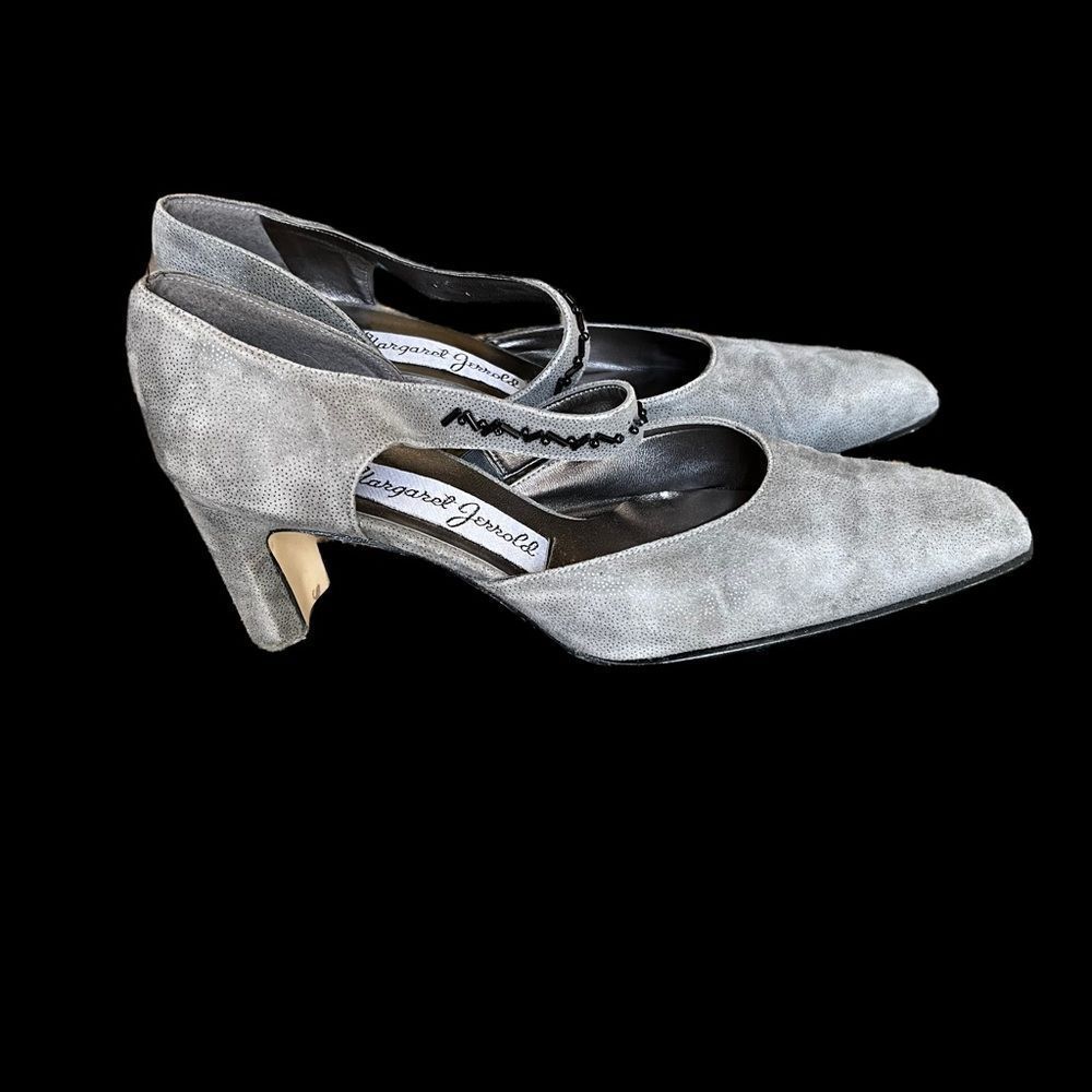 Margaret Jerrold Grey Suede Heels with‎ square heel and metallic sheen